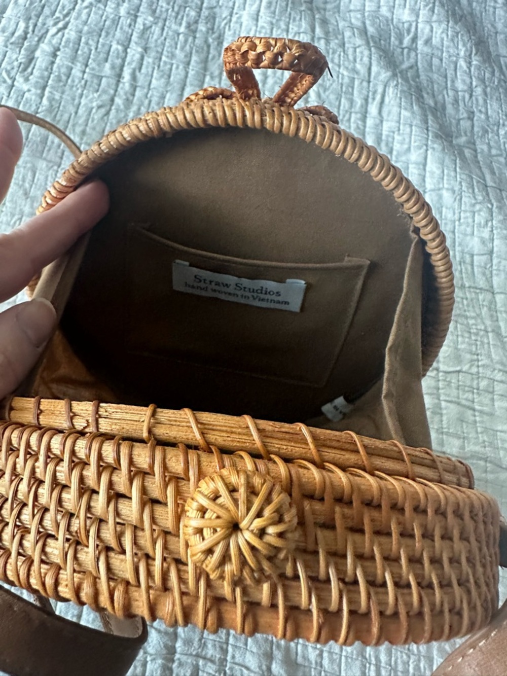 Straw Studios Round Woven Crossbody Bag in Brown Tan - Picture 4 of 4